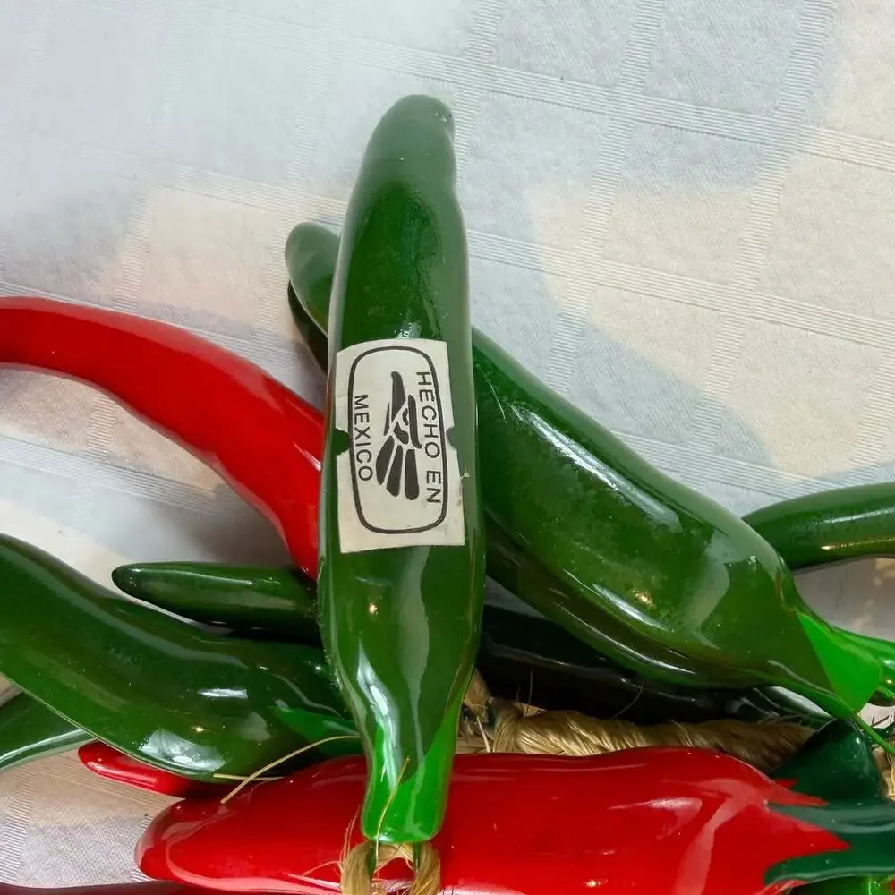 red & green ceramic chili pepper wall hanging glossy glazed on jute rope